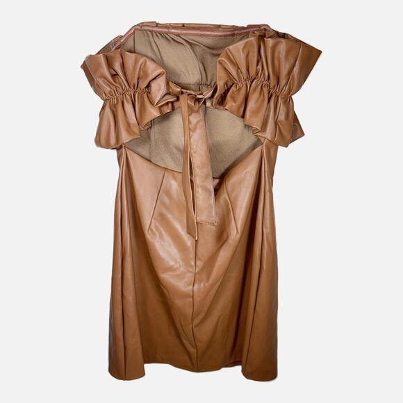 DO + BE Faux Leather Dress Size L Tan Camel Off‑Shoulder Ruffle Mini Dress - Picture 4 of 15